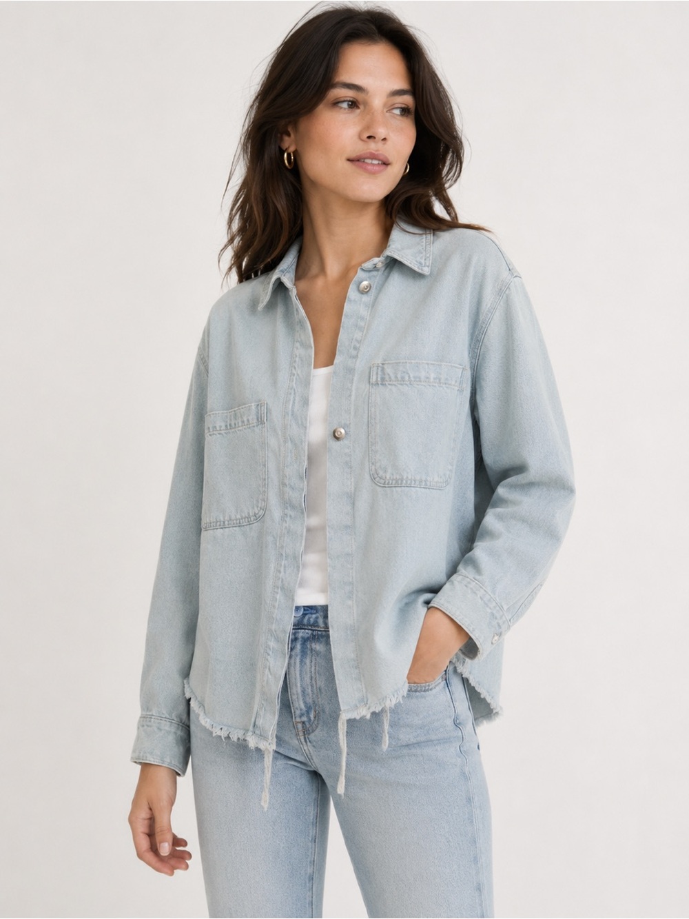 Zara light Blue denim shirt SHACKET jacket patch pockets frayed hem Size Small